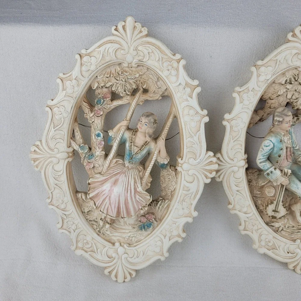 Vintage 1962 Jayess United Chicago Chalkware Wall Plaques Rococo Couple Set of 2